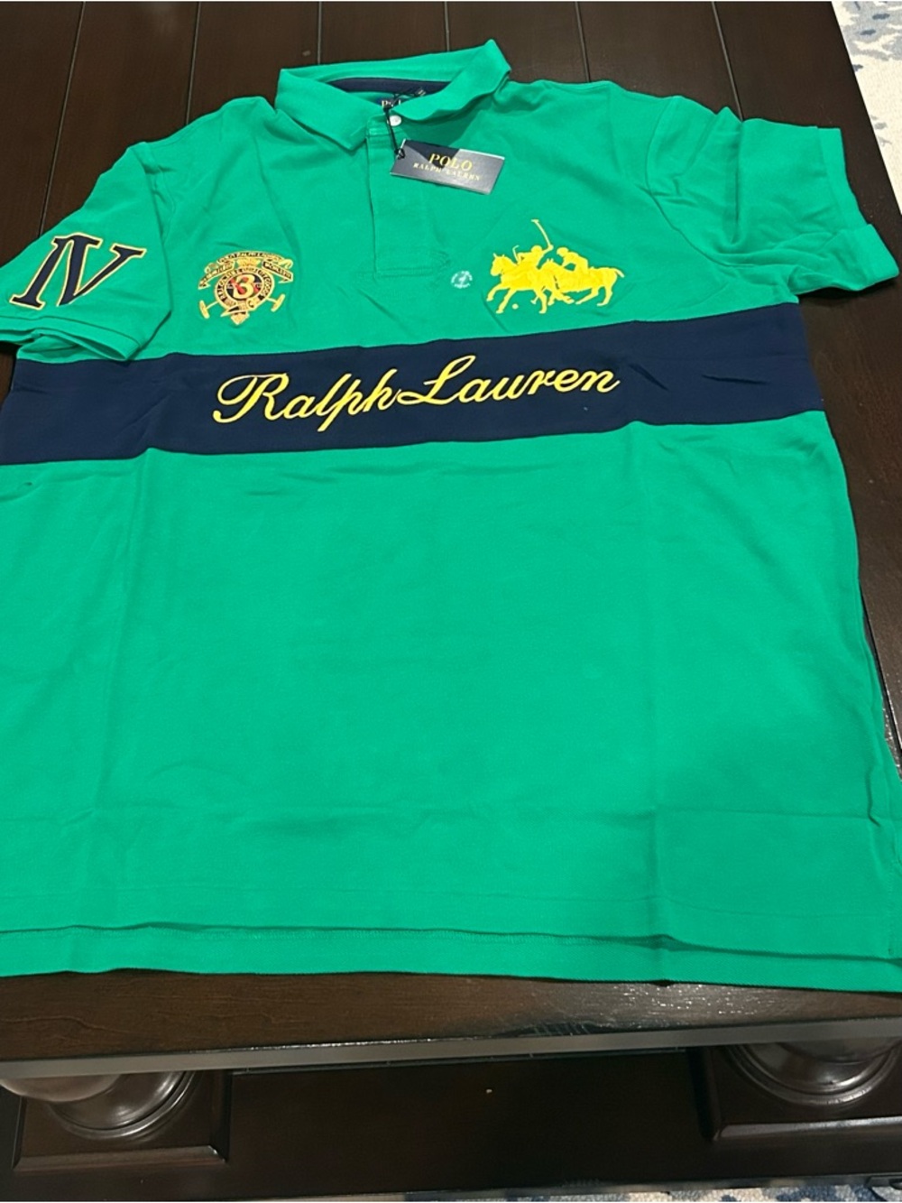 Ralph Lauren Green Polo with Navy Chest Band and Yellow Logos